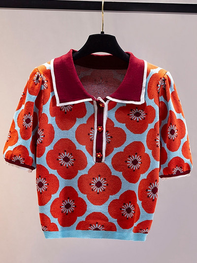 Novi ljetni vintage 2022. pleteni pulover s puf rukavima s kontrastnim cvijetom i šik ženskim puloverom s dugmadima Crop Top Pull Femme