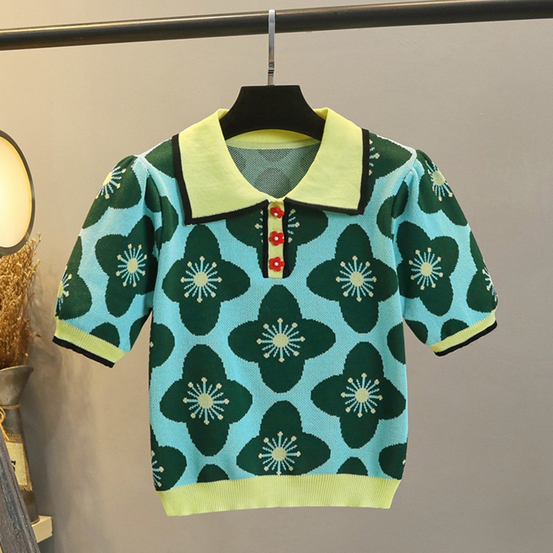 Novi ljetni vintage 2022. pleteni pulover s puf rukavima s kontrastnim cvijetom i šik ženskim puloverom s dugmadima Crop Top Pull Femme