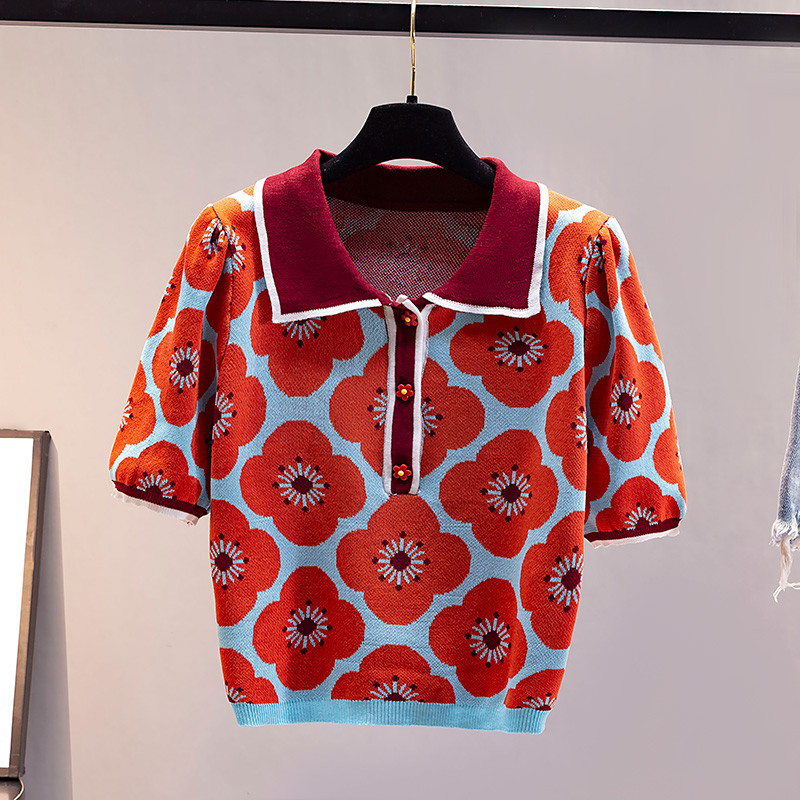 Novi ljetni vintage 2022. pleteni pulover s puf rukavima s kontrastnim cvijetom i šik ženskim puloverom s dugmadima Crop Top Pull Femme