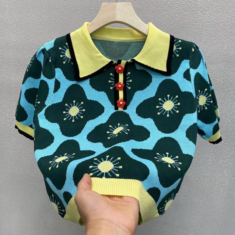 Novi ljetni vintage 2022. pleteni pulover s puf rukavima s kontrastnim cvijetom i šik ženskim puloverom s dugmadima Crop Top Pull Femme