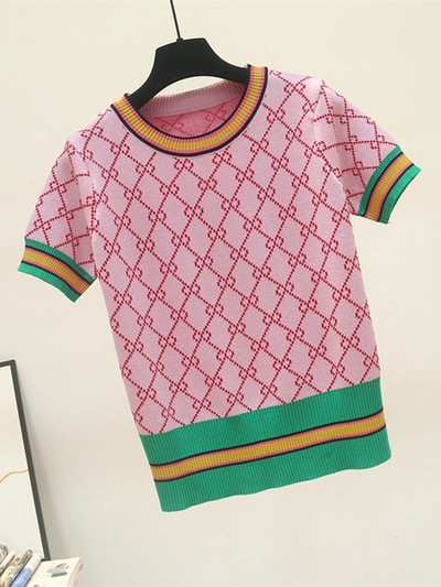 Ljetni geometrijski karirani jacquard pleteni džemper Ženska odjeća Pulover kratkih rukava na pruge Okrugli izrez Ležerni pulover kratki top