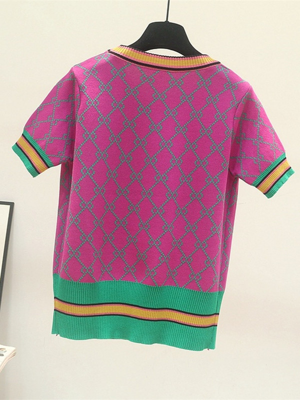 Ljetni geometrijski karirani jacquard pleteni džemper Ženska odjeća Pulover kratkih rukava na pruge Okrugli izrez Ležerni pulover kratki top