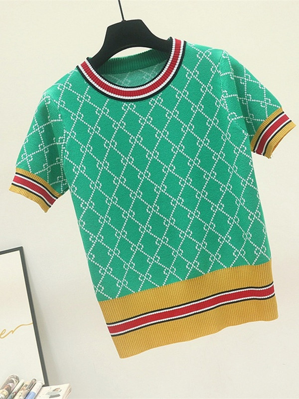 Ljetni geometrijski karirani jacquard pleteni džemper Ženska odjeća Pulover kratkih rukava na pruge Okrugli izrez Ležerni pulover kratki top