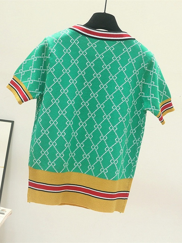 Ljetni geometrijski karirani jacquard pleteni džemper Ženska odjeća Pulover kratkih rukava na pruge Okrugli izrez Ležerni pulover kratki top