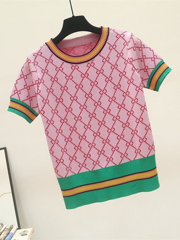 Ljetni geometrijski karirani jacquard pleteni džemper Ženska odjeća Pulover kratkih rukava na pruge Okrugli izrez Ležerni pulover kratki top