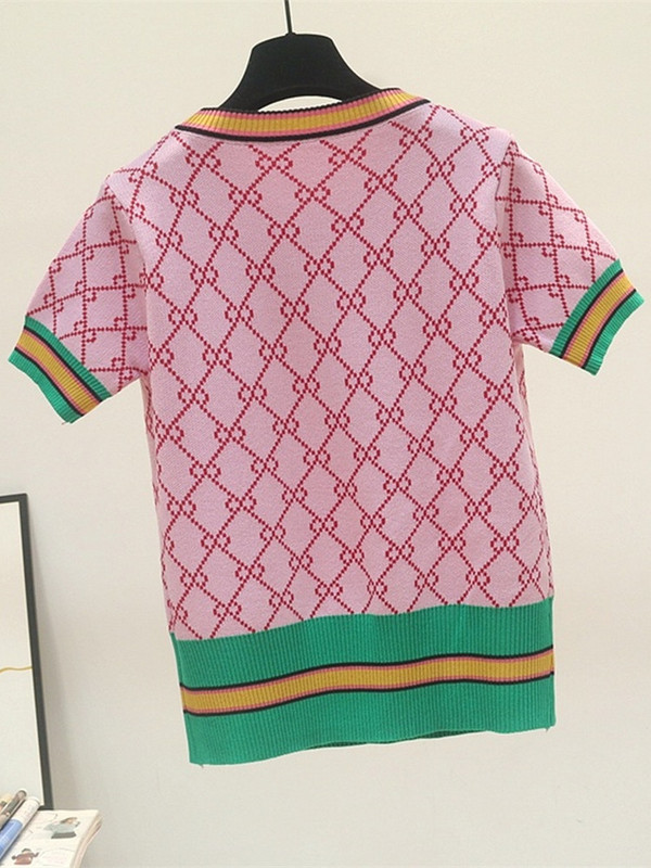 Ljetni geometrijski karirani jacquard pleteni džemper Ženska odjeća Pulover kratkih rukava na pruge Okrugli izrez Ležerni pulover kratki top