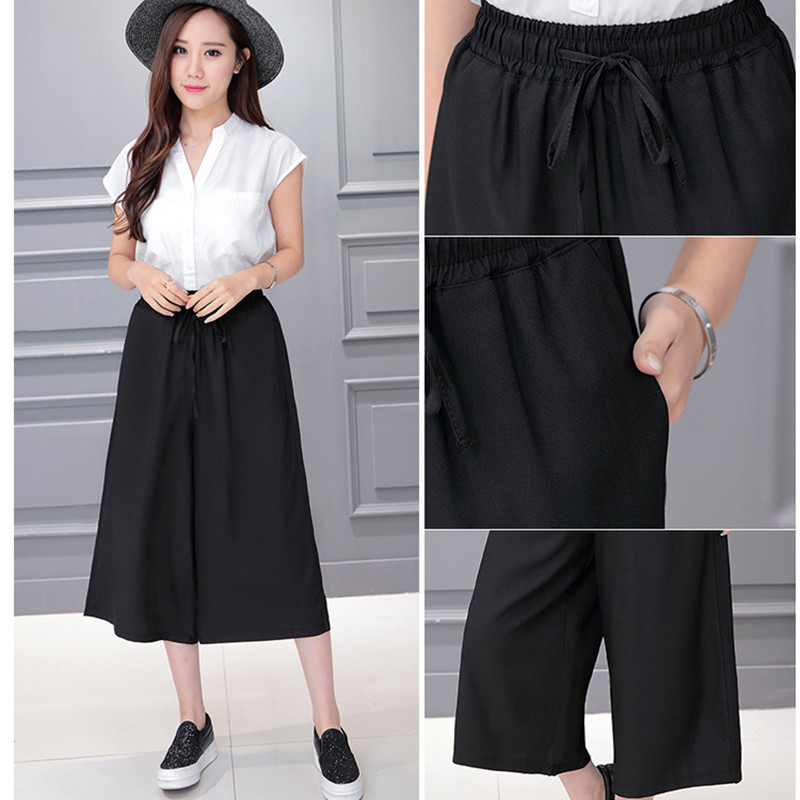 Καλοκαιρινό Cropped Harem Παντελόνι Γυναικείο Μονόχρωμο Φαρδύ παντελόνι με φαρδύ πόδι Γυναικείες ευχαριστημένες με τσέπες Ελαστική μέση Μαύρο Casual Capris