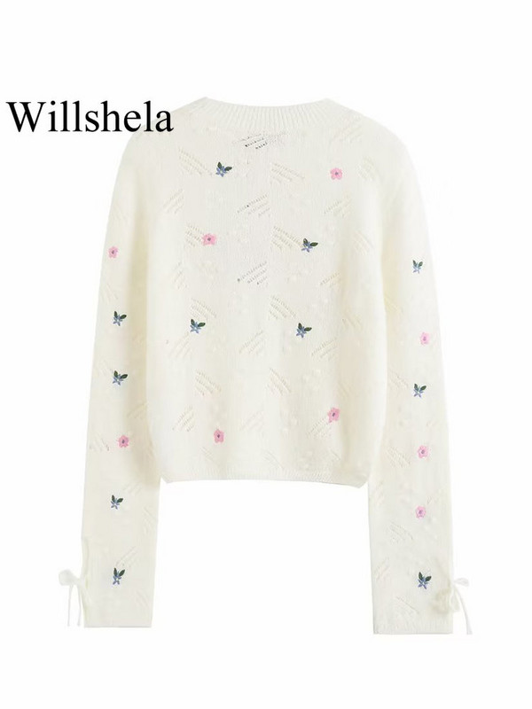 Willshela Ženski modni pleteni pulover s cvjetnim vezom Vintage dugih rukava O-izrez Ženske chic ženske majice