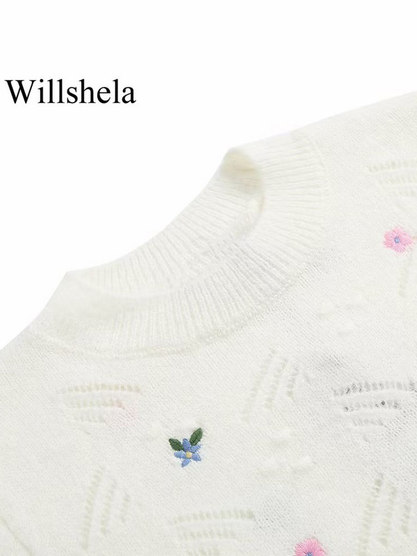 Willshela Ženski modni pleteni pulover s cvjetnim vezom Vintage dugih rukava O-izrez Ženske chic ženske majice