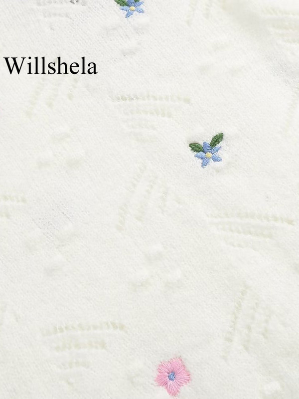 Willshela Ženski modni pleteni pulover s cvjetnim vezom Vintage dugih rukava O-izrez Ženske chic ženske majice