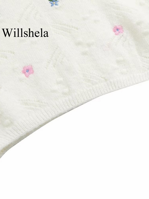 Willshela Ženski modni pleteni pulover s cvjetnim vezom Vintage dugih rukava O-izrez Ženske chic ženske majice