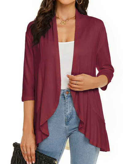 Proljeće ljeto Ženski jednobojni kardigan Elegantna uredska dama Polo ovratnik s volanima s tri četvrtine rukava Široka bijela odjeća 2023. Novo