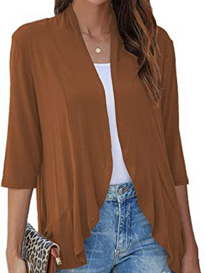 Proljeće ljeto Ženski jednobojni kardigan Elegantna uredska dama Polo ovratnik s volanima s tri četvrtine rukava Široka bijela odjeća 2023. Novo