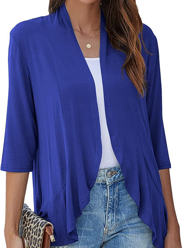 Proljeće ljeto Ženski jednobojni kardigan Elegantna uredska dama Polo ovratnik s volanima s tri četvrtine rukava Široka bijela odjeća 2023. Novo