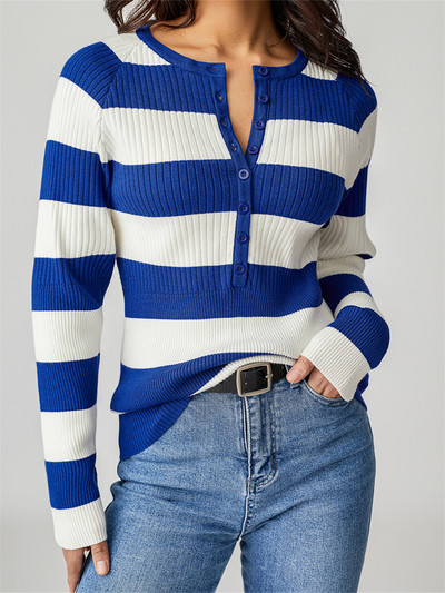 Ženske prugaste pletene majice Y2K estetski retro ležerni pulover s dugim rukavima i dugmadima s V izrezom Majice s v-izrezom Jesensko-zimske majice Ženska pletenina