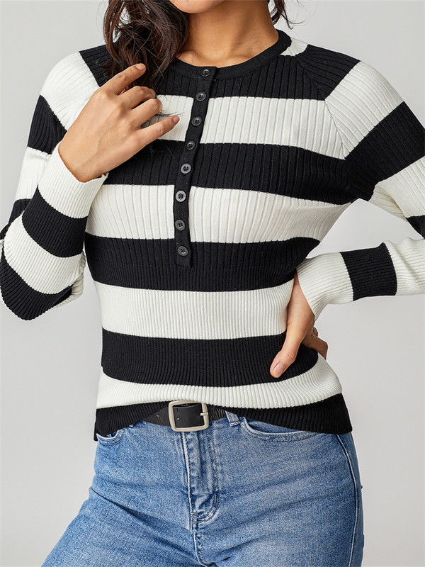 Ženske prugaste pletene majice Y2K estetski retro ležerni pulover s dugim rukavima i dugmadima s V izrezom Majice s v-izrezom Jesensko-zimske majice Ženska pletenina