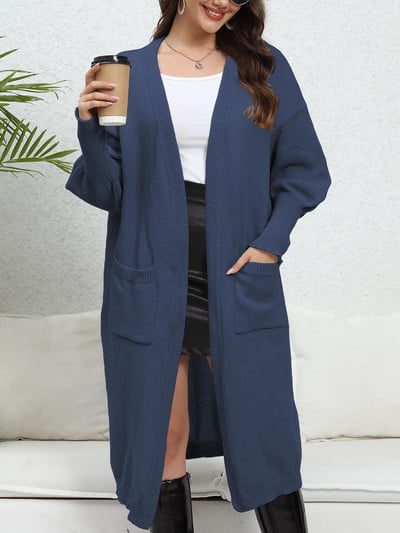Ženski jesenski zimski jednobojni široki kardigan, elegantan ležerni modni uredski kardigan s džepovima, dugih lampion rukava, kardigan s V izrezom 2023.