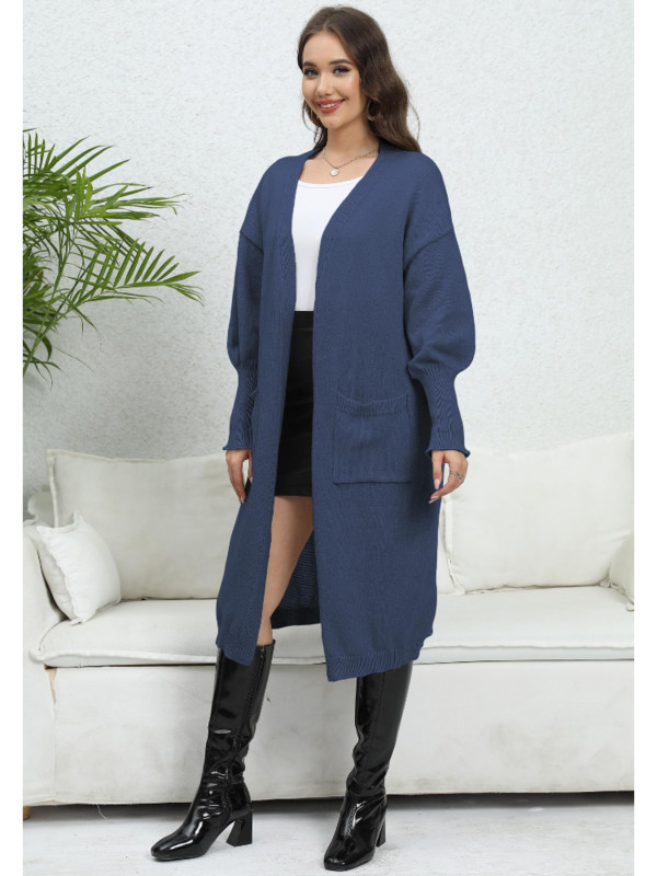 Ženski jesenski zimski jednobojni široki kardigan, elegantan ležerni modni uredski kardigan s džepovima, dugih lampion rukava, kardigan s V izrezom 2023.