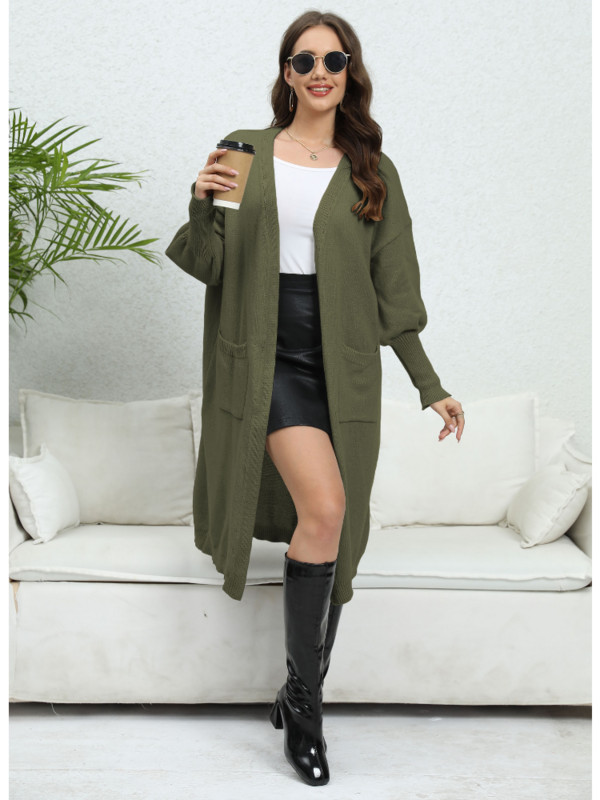 Ženski jesenski zimski jednobojni široki kardigan, elegantan ležerni modni uredski kardigan s džepovima, dugih lampion rukava, kardigan s V izrezom 2023.