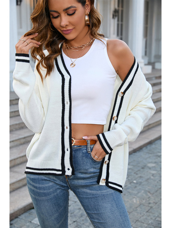 Moterų rudens žiemos kontrasto megztinis Elegantiškas laisvalaikio mados biuro moteriškas megztinis, mygtukas V kaklo gatvės apranga Laisvas 2023 m. megztinis