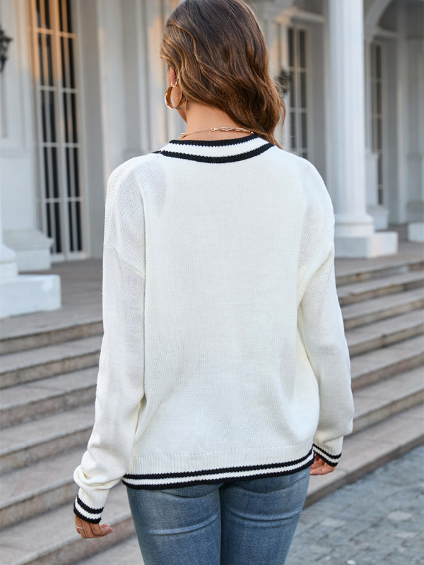 Moterų rudens žiemos kontrasto megztinis Elegantiškas laisvalaikio mados biuro moteriškas megztinis, mygtukas V kaklo gatvės apranga Laisvas 2023 m. megztinis