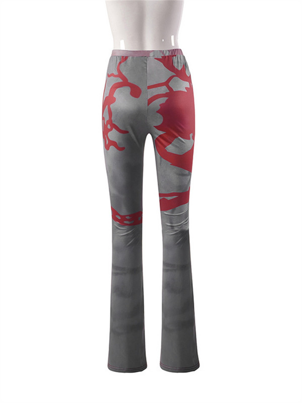 Keistas pūlingas raštas, elastinės moteriškos kelnės aukštu juosmeniu, platėjančios kelnės