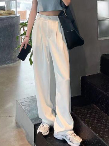 Κομψό ψηλόμεσο φαρδύ ίσιο παντελόνι Κορεάτικο με φαρδύ πόδι Γυναικείο κομψό μακρύ παντελόνι Φθινοπωρινά κουμπιά μόδας Casual γυναικείο παντελόνι