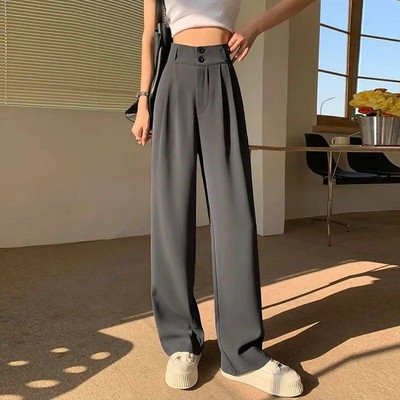 Elegantsed kõrge vöökohaga kottis sirged korea püksid laia säärega naised šikid pikad püksid sügismood nööbid vabaaja naiste ülikonnapüksid
