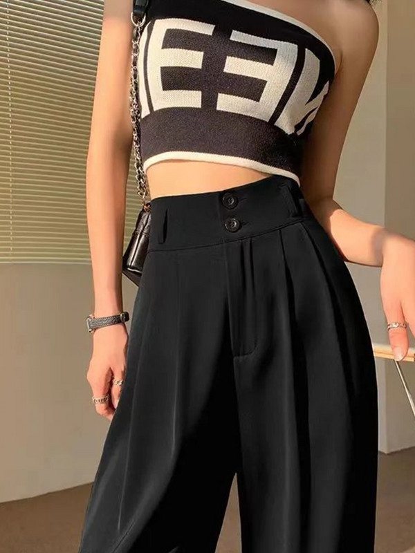 Elegantiškos aukštu juosmeniu kuprinės tiesios kelnės korėjietiškos plačios kojos Moteriškos prašmatnios ilgos kelnės Rudens mados sagos Laisvalaikio moteriškos kostiumo kelnės