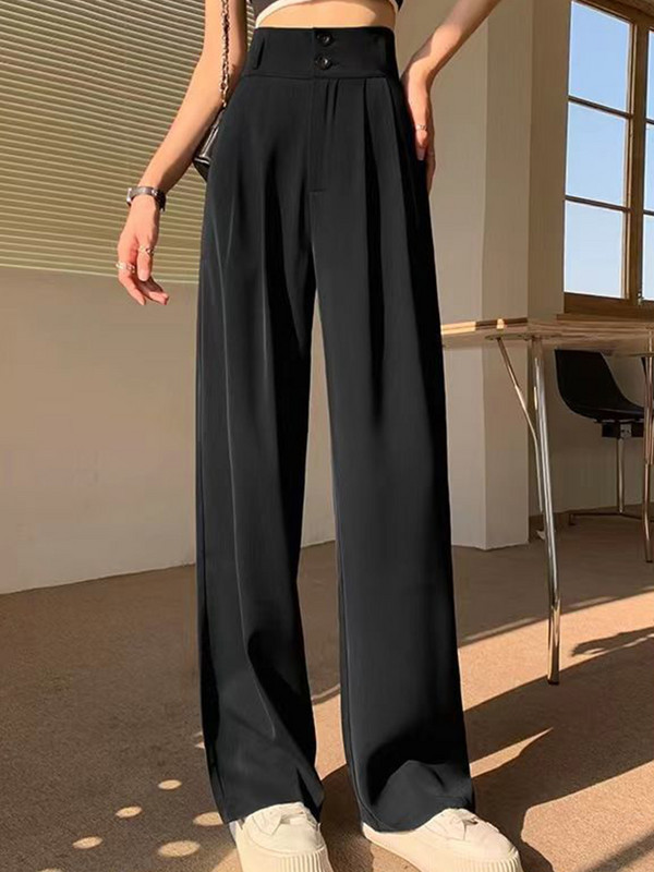 Elegantiškos aukštu juosmeniu kuprinės tiesios kelnės korėjietiškos plačios kojos Moteriškos prašmatnios ilgos kelnės Rudens mados sagos Laisvalaikio moteriškos kostiumo kelnės
