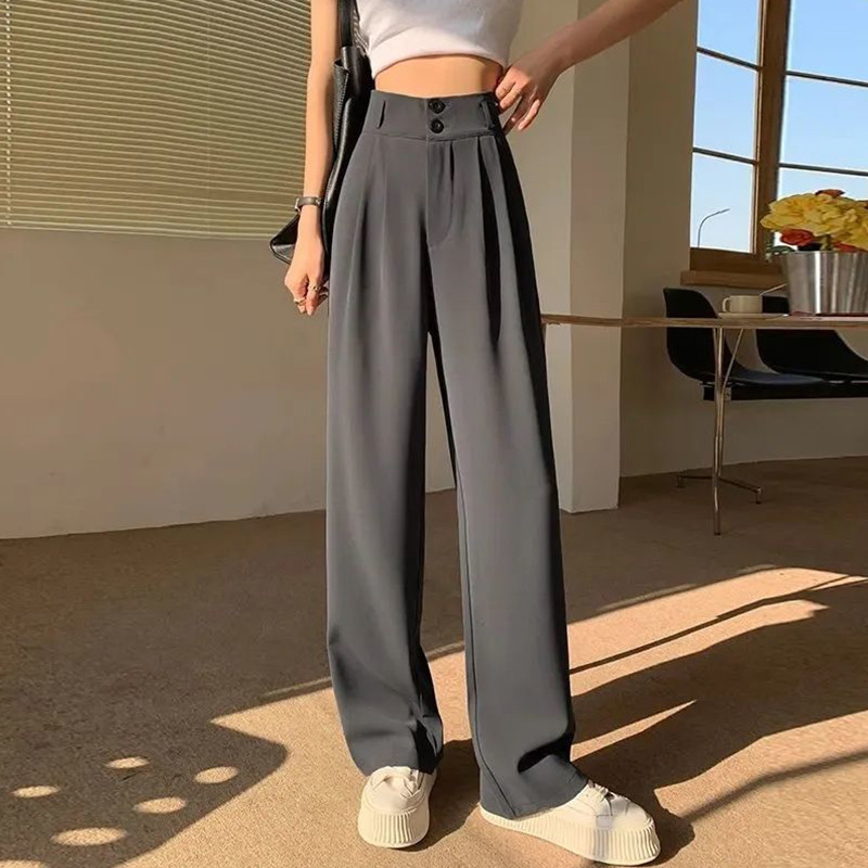 Elegantiškos aukštu juosmeniu kuprinės tiesios kelnės korėjietiškos plačios kojos Moteriškos prašmatnios ilgos kelnės Rudens mados sagos Laisvalaikio moteriškos kostiumo kelnės