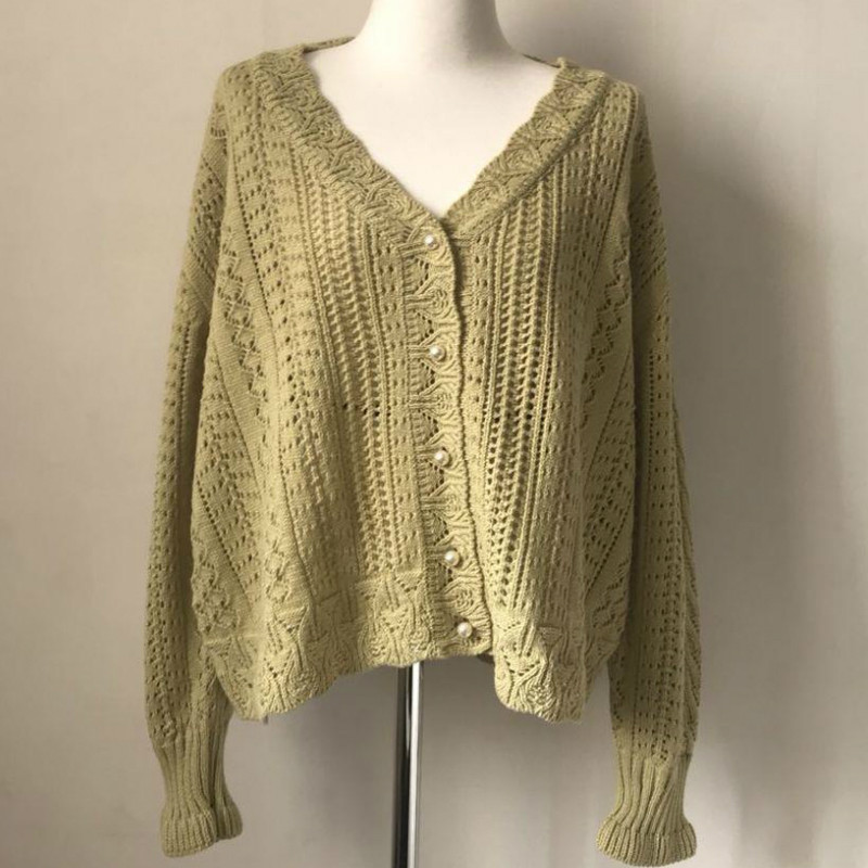 Skraćeni kardigan Ženski proljetni šik Elegantni korejski vintage ženski džemper s V-izrezom Bijela slatka ženska pletenina s biserima