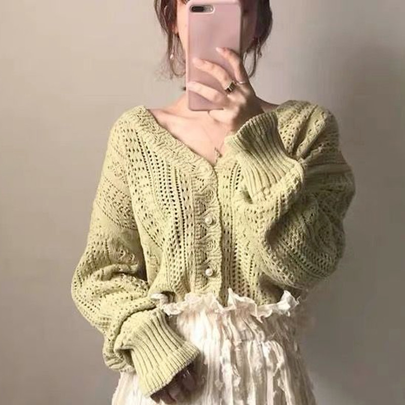 Ženski kardigan Elegantni proljetni izdubljeni šik dugih rukava, široki V-izrez, ženstvena nježna zeleno-bijela ulična gornja odjeća Ugodna nova odjeća