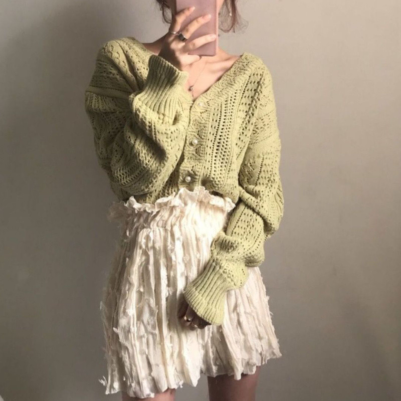 Ženski kardigan Elegantni proljetni izdubljeni šik dugih rukava, široki V-izrez, ženstvena nježna zeleno-bijela ulična gornja odjeća Ugodna nova odjeća