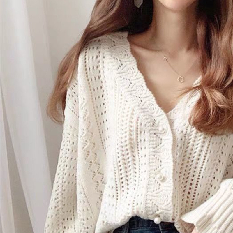 Ženski kardigan Elegantni proljetni izdubljeni šik dugih rukava, široki V-izrez, ženstvena nježna zeleno-bijela ulična gornja odjeća Ugodna nova odjeća