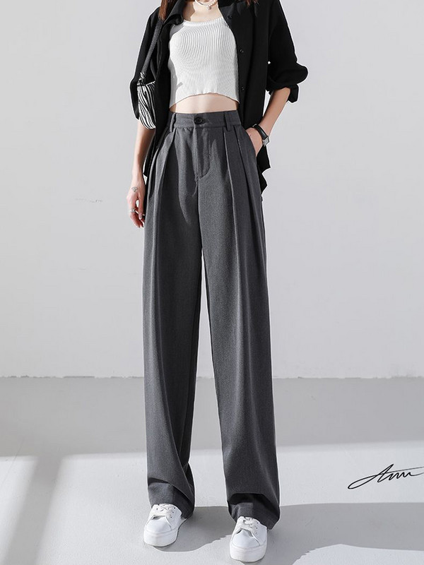 Jmprs Ljetne ženske hlače visokog struka Korejske ležerne ravne tanke hlače Udobne prozračne crne uredske ženske hlače