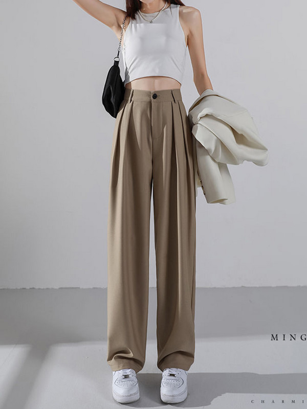 Jmprs Ljetne ženske hlače visokog struka Korejske ležerne ravne tanke hlače Udobne prozračne crne uredske ženske hlače