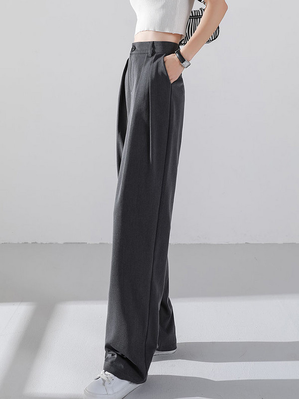 Jmprs Ljetne ženske hlače visokog struka Korejske ležerne ravne tanke hlače Udobne prozračne crne uredske ženske hlače