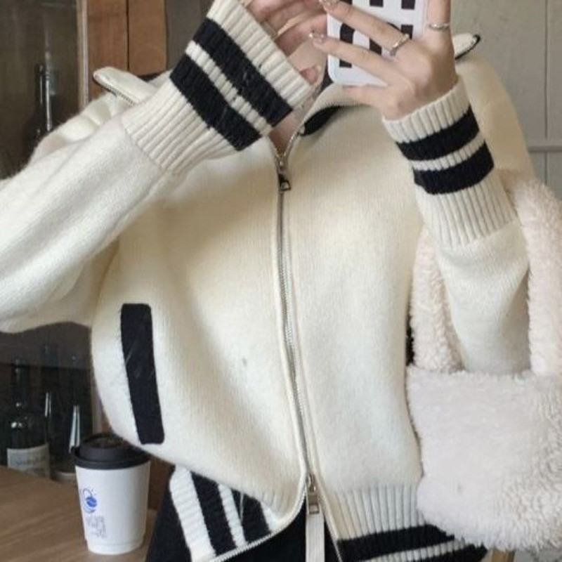 Rudens žiema Naujas atvartas Kontrastingos spalvos Megztinis Striukė su užtrauktuku Moteriško dizaino Sense Niche Laisvas vėžlys megztas megztinis viršus