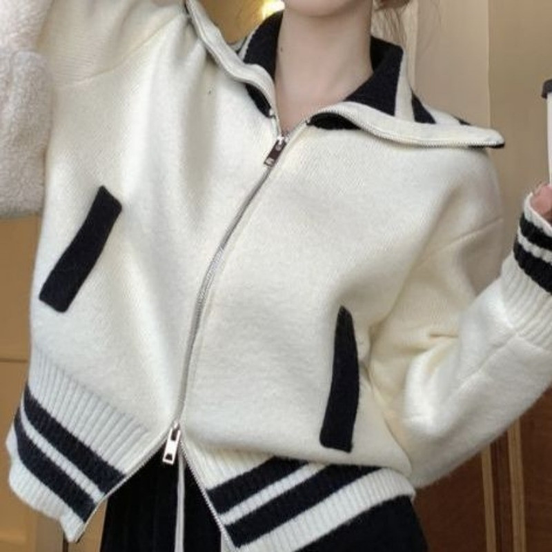 Rudens žiema Naujas atvartas Kontrastingos spalvos Megztinis Striukė su užtrauktuku Moteriško dizaino Sense Niche Laisvas vėžlys megztas megztinis viršus