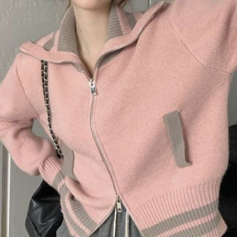 Rudens žiema Naujas atvartas Kontrastingos spalvos Megztinis Striukė su užtrauktuku Moteriško dizaino Sense Niche Laisvas vėžlys megztas megztinis viršus