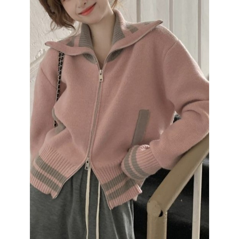 Rudens žiema Naujas atvartas Kontrastingos spalvos Megztinis Striukė su užtrauktuku Moteriško dizaino Sense Niche Laisvas vėžlys megztas megztinis viršus