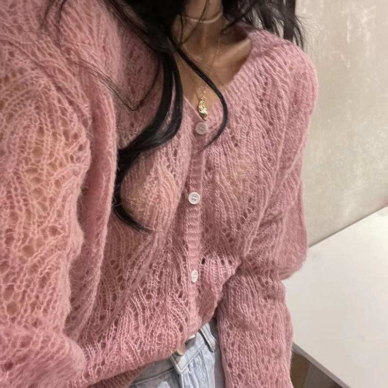 Ženski elegantni lagani džemper od mohera dugih rukava Jesenski pleteni kaput s V izrezom Ležerna mekana skraćena majica Ulična odjeća