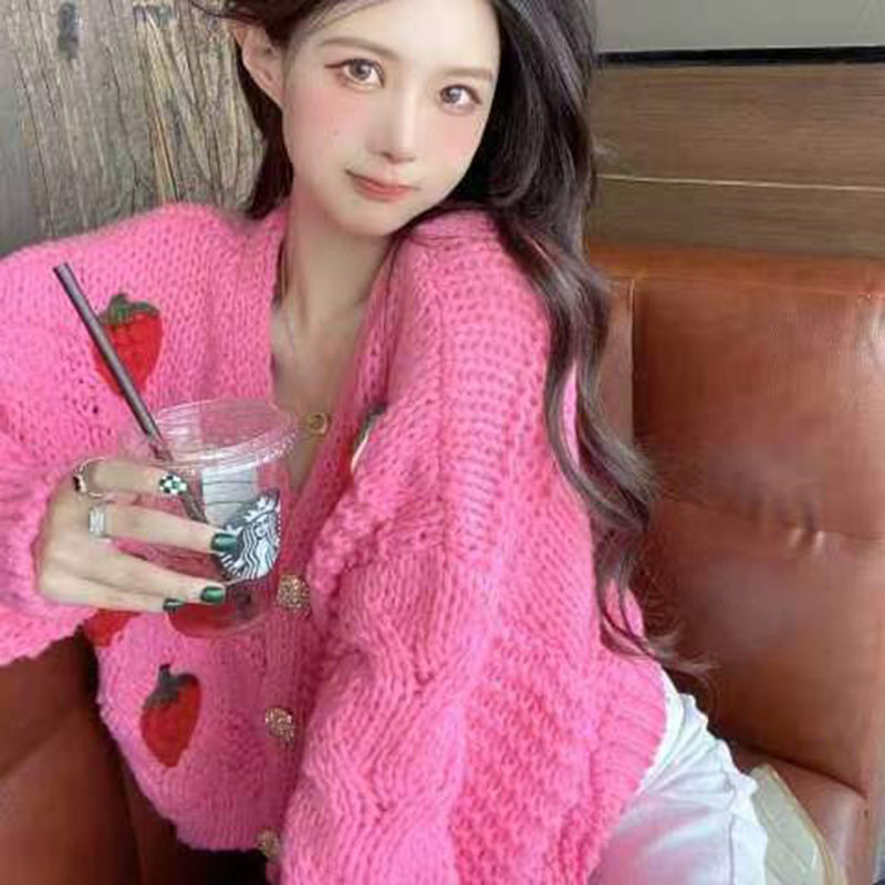 Rudeninis moteriškas braškinis megztinis ilgomis rankovėmis, palaidas, vienaeilis megztinis, moteriškas mados storas šiltas megztinis