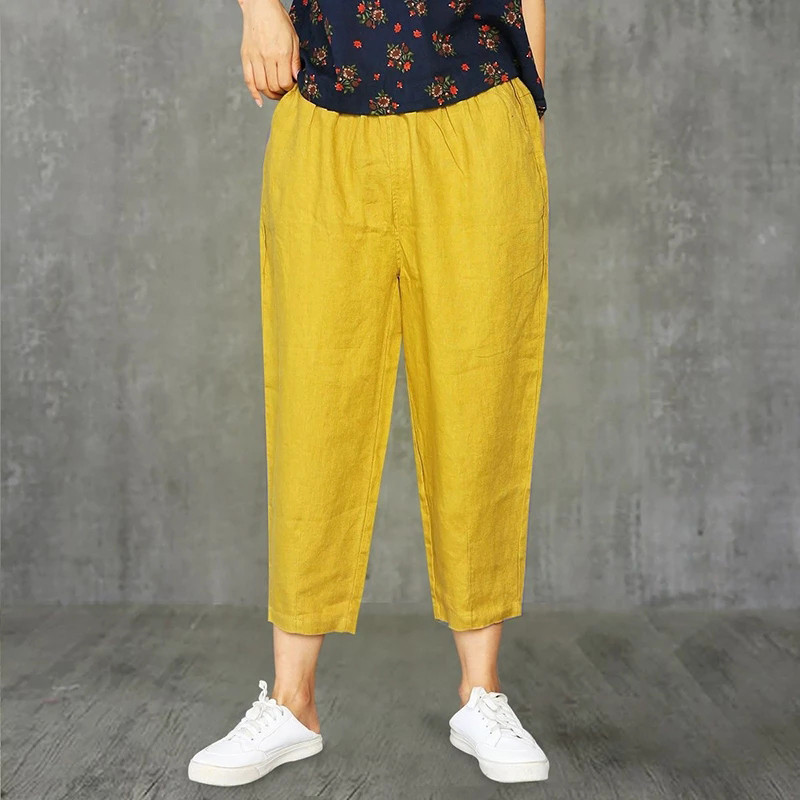 Lucyever Pantaloni casual din bumbac, in, femei, 2022, primăvară, vară, cu talie elastică, pantaloni la gleznă, pentru femei, pantaloni harem, de culoare solidă, oferta caldă