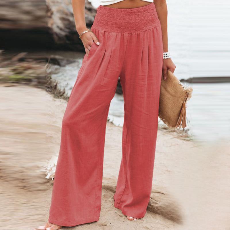 Ljetne ženske elegantne ležerne hlače širokih nogavica Modne nabrane jednobojne široke ravne hlače Elastične uredske hlače visokog struka Ženske