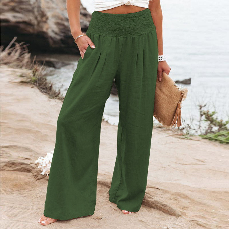 Ljetne ženske elegantne ležerne hlače širokih nogavica Modne nabrane jednobojne široke ravne hlače Elastične uredske hlače visokog struka Ženske