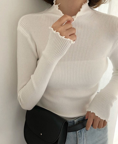Turtleneck Ruched naiste kampsun Kõrge elastne Solid 2022 Sügistalv Moodne kampsun Naiste õhukesed seksikad silmkoelised pulloverid Roosa valge