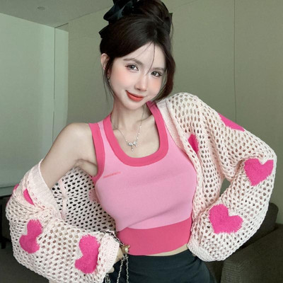 Õõnesroosad südamega kardiganid naiste paneelidega Preppy Hotsweet lahtised hubased, õhukesed päikesekindel mood Korea stiilis tütarlapsed