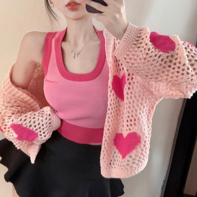 Õõnesroosad südamega kardiganid naiste paneelidega Preppy Hotsweet lahtised hubased, õhukesed päikesekindel mood Korea stiilis tütarlapsed